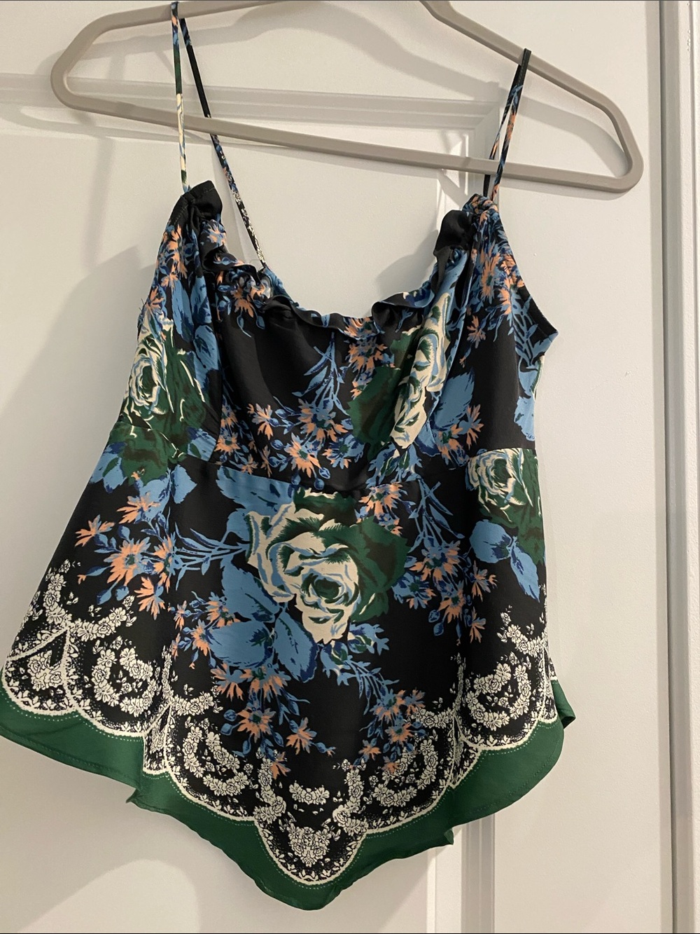 Floral Ruffle-Trim Camisole in Black, Green & Blue